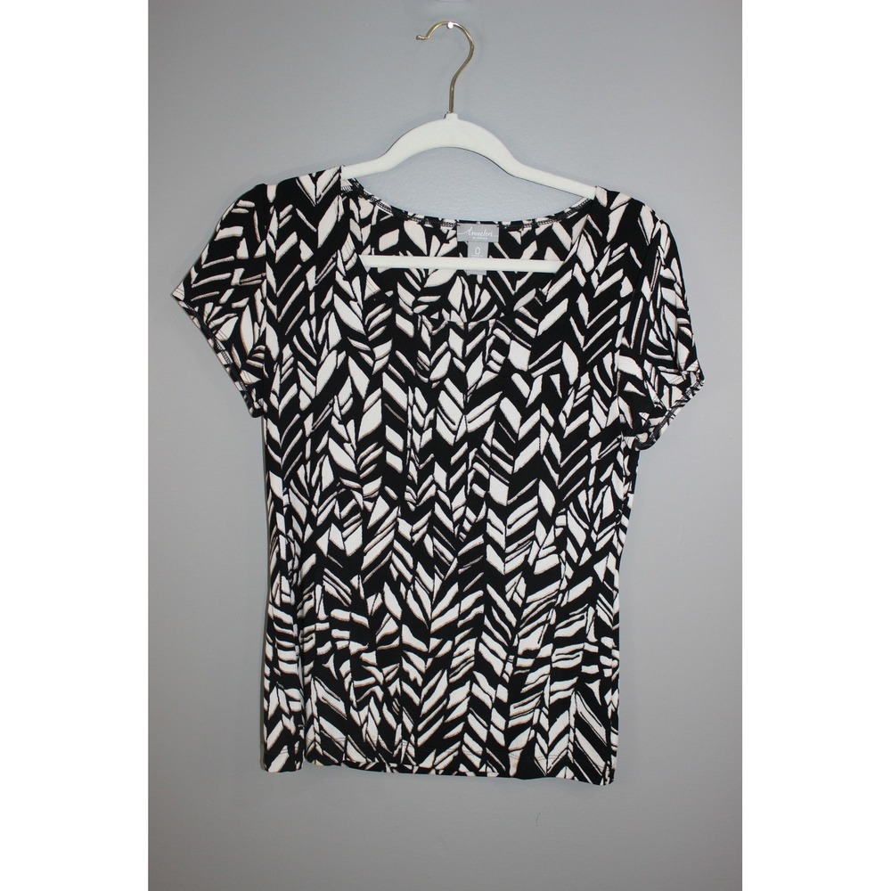 Chico's Travelers Top Women 0 Black White Metallic Geometric Short Sleeve Great